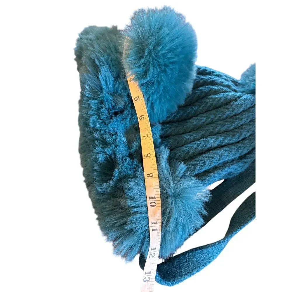 Teal Faux Fur Animal Ear Winter Hat with Chin Ties – Plush Cozy Cold Weather Cap - Picture 8 of 8